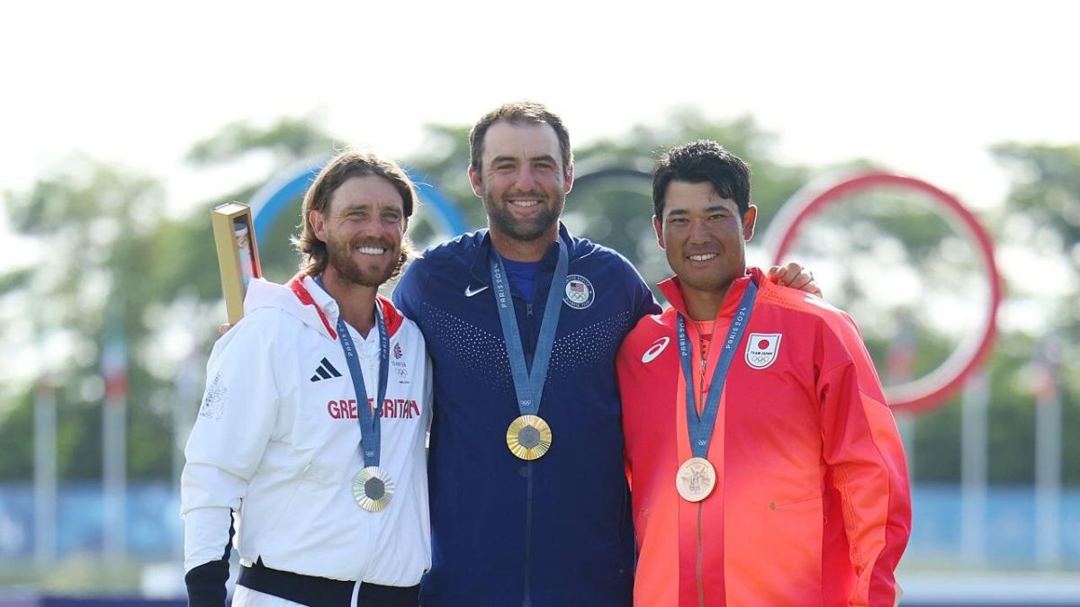 Golfers Scottie Scheffler, Tommy Fleetwood and Hideki Matsuyama 